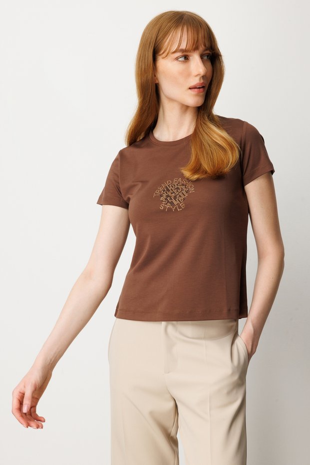 Short Sleeve Blouse with Stone Print on the Front