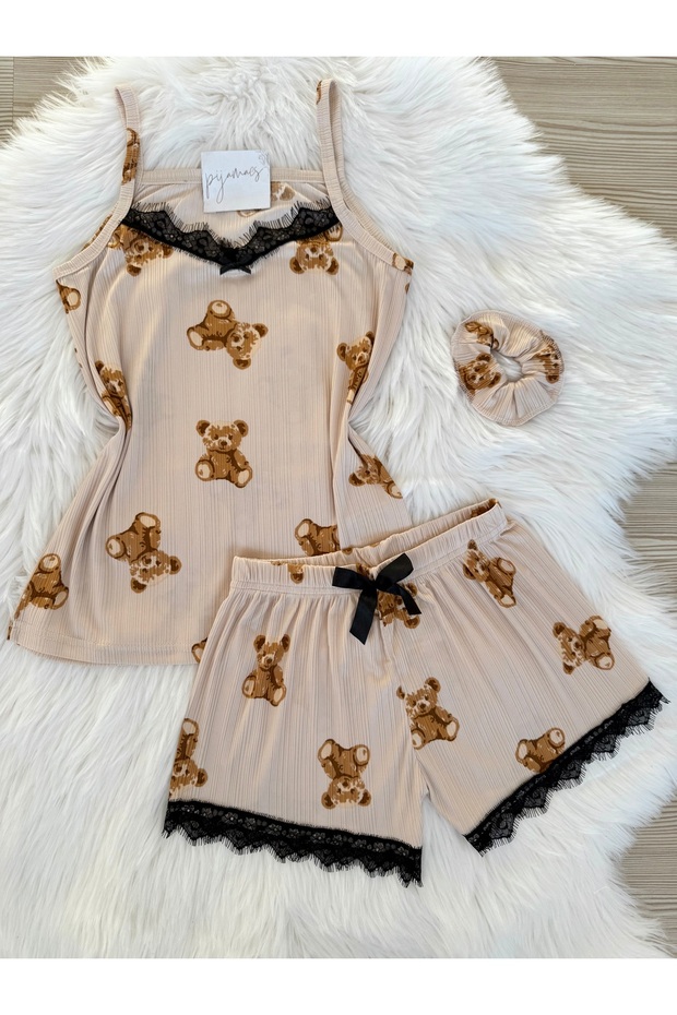 Ekru Ayıcık Desenli Şortlu Pegasus Pijama Takımı - 1