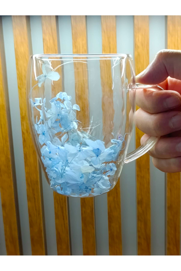 1 Adet Gerçekçi Çiçek Tasarım Çift Cidarlı Cam Kupa, Sıcak ve Soğuk İçecek Bardağı 350 ml - 1