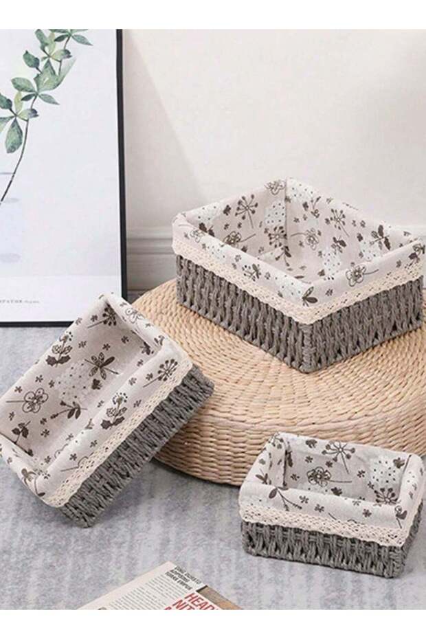 Set of 3 Eco-Friendly Handwoven Storage Baskets – Durable Rectangular Woven Bins with Sturdy Plastic Frame, Removable Fabric Lining, Decorative Macrame Design for Sundries, Toys, Books, Toiletries, a