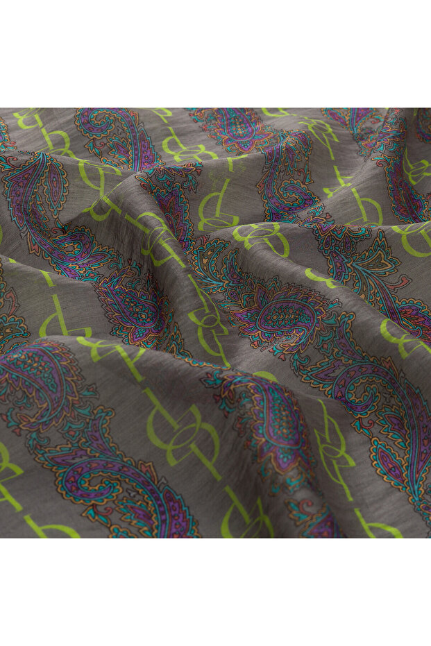 Pistachio Green Gray Monogram Patterned Scarf - 2