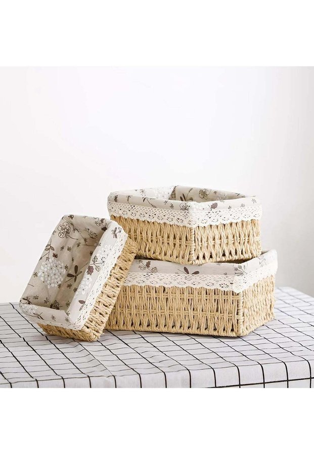Set of 3 Eco-Friendly Handwoven Storage Baskets – Durable Rectangular Woven Bins with Sturdy Plastic Frame, Removable Fabric Lining, Decorative Macrame Design for Sundries, Toys, Books, Toiletries, a