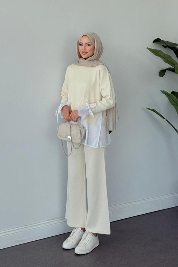 Turuva Shirt Detailed Knitwear Set Cream