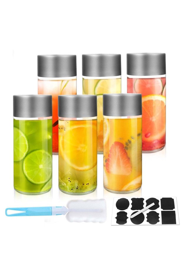 6Pack 8oz Glass Juice Bottles with Silver Lids – 250ml Reusable Drink Bottles for Water, Smoothies,