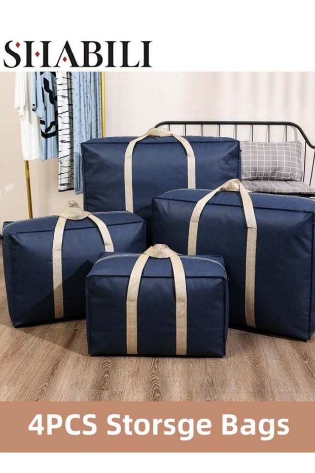 4PCS Large-Capacity Foldable Storage Bags with Zipper and Reinforced Handles – Non-Woven Closet Organizers for Clothing, Jeans, Bras, Leggings, Sweaters, Moving & Home Use (Dark Blue)