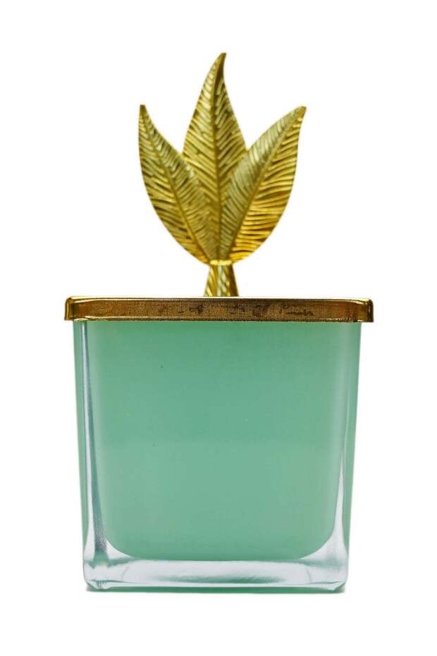 French Stained Glass Storage Jar Tall Candle Cotton Swab Box with Lid Countertop Candy Food Jewelry Storage Jar Home Decoration with Leaf Shaped Lid Handle