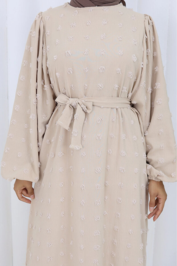 Rochie cu curea cu pompon Bej - 4