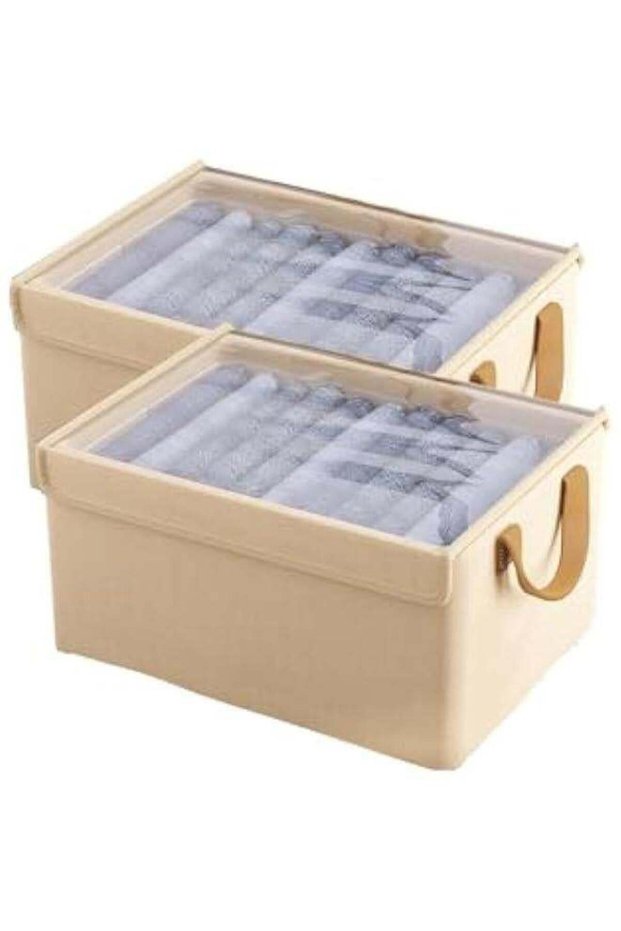 Storage Bins for Shelves, Linen Closet Organizers and Storage Baskets with Metal Frame, Extra Large Storage Boxes for Wardrobe Shelf Laundry Room with Lid,Beige,2-Pack,L