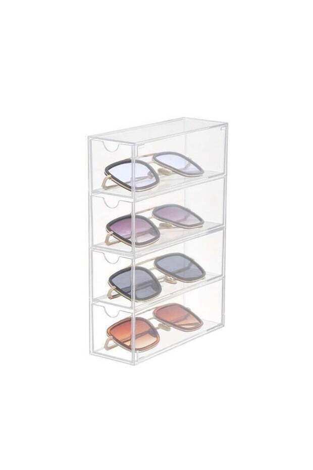 Sunglasses Case Storage Box with 4 Clear Divided Drawers Stackable Sunglasses Organizer Makeup Display Organizer for Sunglasses
