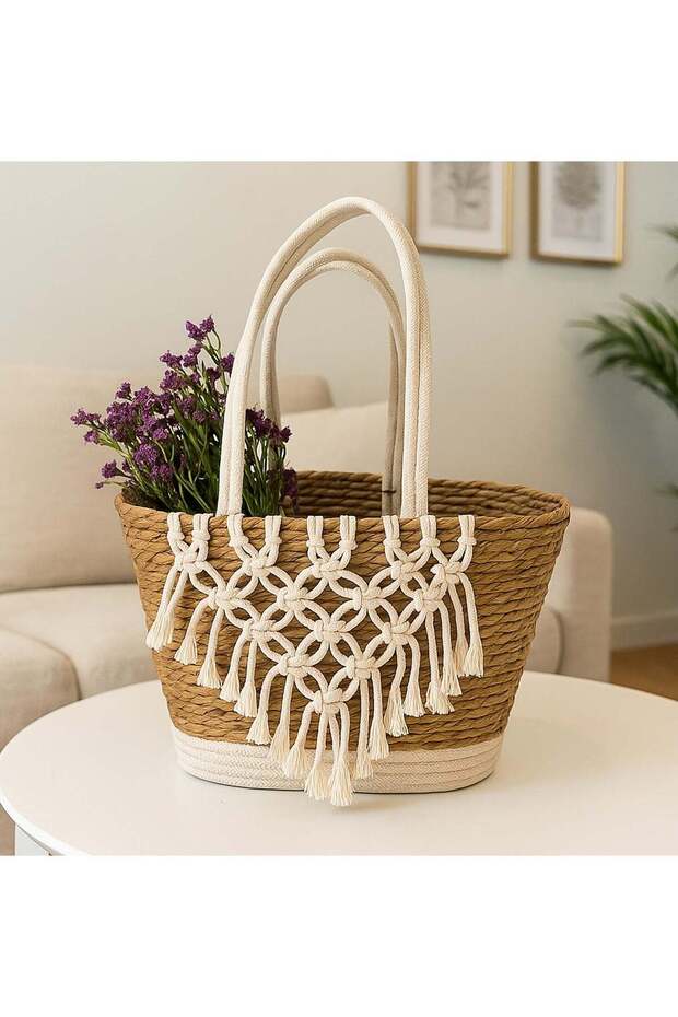 Handmade Jute Storage Basket with Boho Macramé Tassels – Eco-Friendly, Spacious, and Stylish Tote for Home, Beach, or Shopping