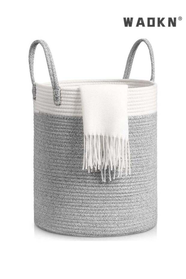 Versatile Woven Cotton Rope Laundry Basket with Comfortable Handles, Creating a Unique Storage View in the Nursery (Barrel Style)