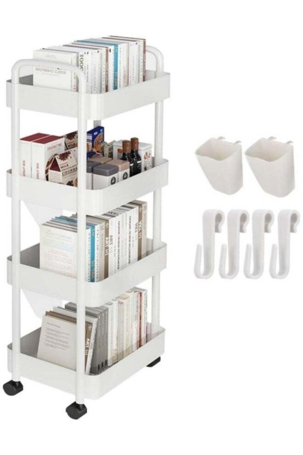 4-Tier Rolling Utility Cart with Wheels, Detachable Utility Storage Cart with Handle and Lockable Casters, Multi-Functional Storage Trolley for Office, Kitchen,Bathroom, White