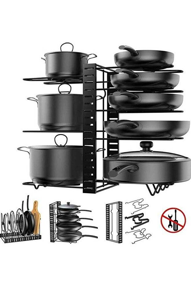 RollsTimi 8 Tiers Adjustable Pots and Pans Rack Organizer, Large Capacity Pot Lid Holders & Pan Ra