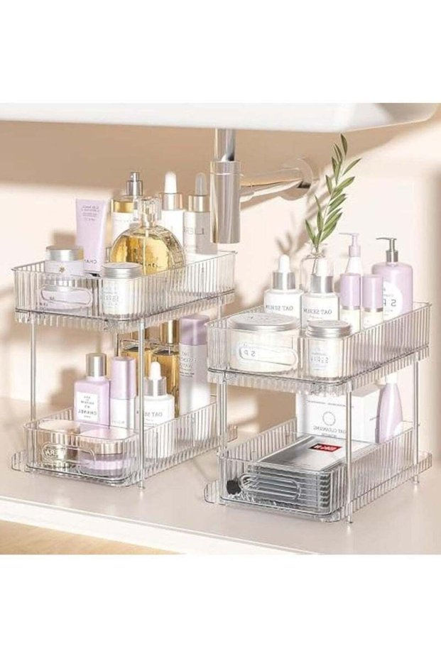 2Pcs 2-Tier Clear Bathroom Under Sink Organizers and Storage,Snap-Lock Pull Out Bathroom Medicine C
