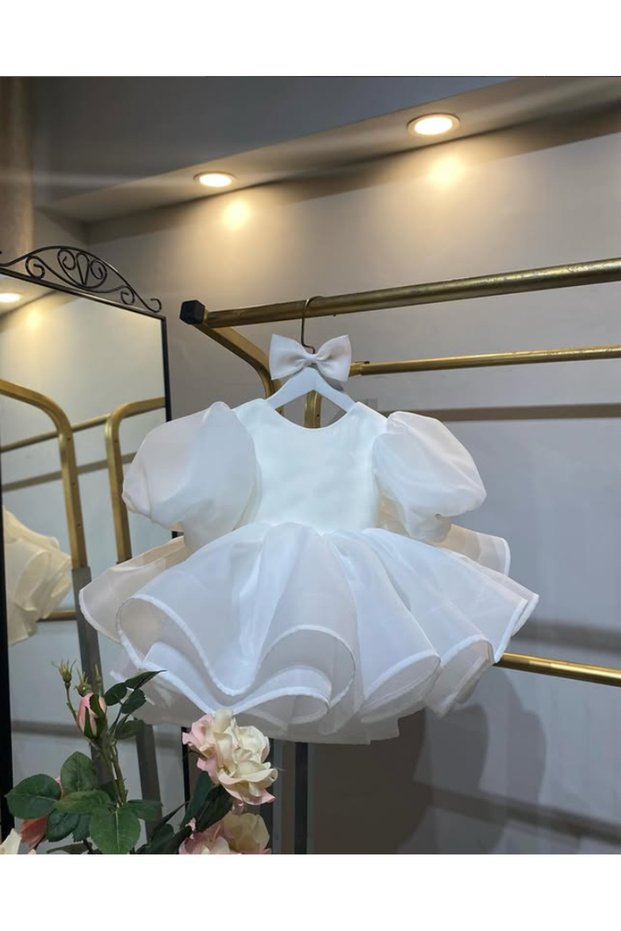 Balloon Sleeves Buckle Girls' Evening Dress