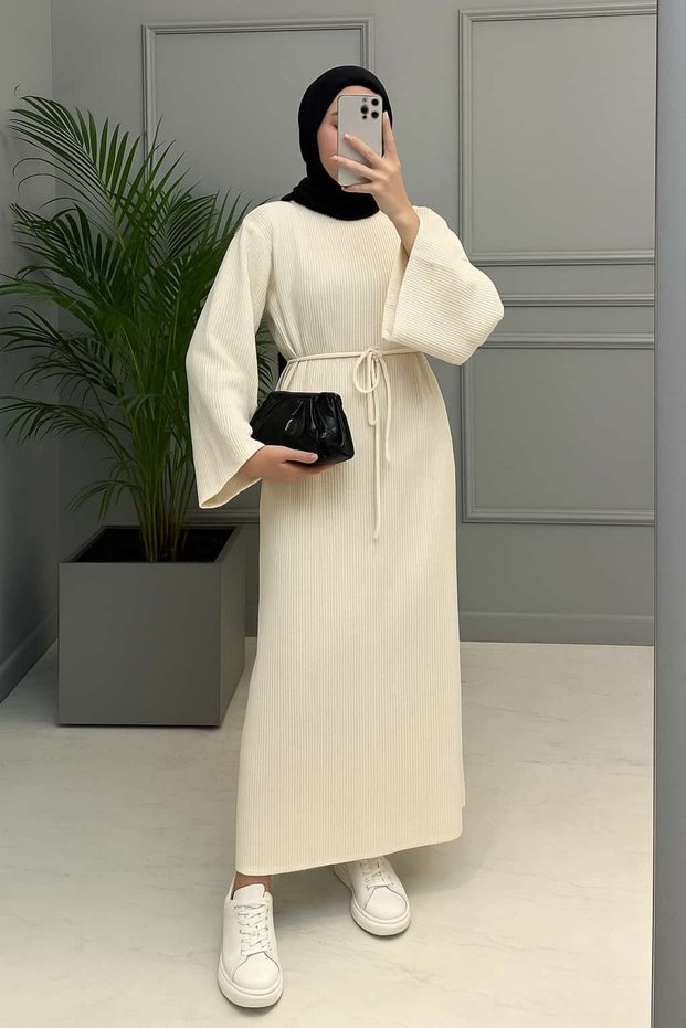 Tricot Dress Lace-Up Long Dress Half Turtleneck Muslim Dress Standard