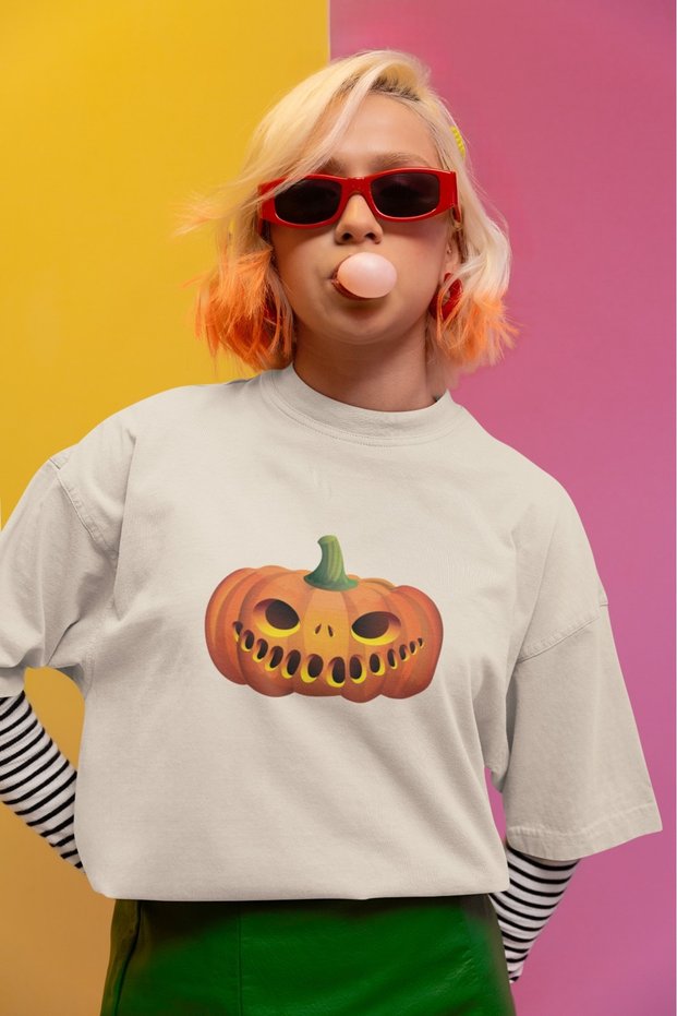 Girl/Women's Pumpkin1 Transfer Printed Round Neck Short Sleeve T-Shirt