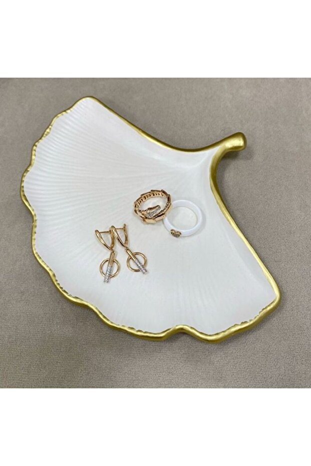 Dekoratif Yaprak Model Gold Detaylı Tepsi Kase , Düzenleyici Organizer Takı .Tabak Çok Amaçlı Tepsi - 2