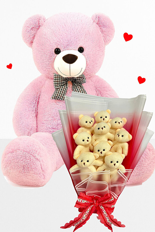 90 cm Plush Teddy Bear and 9 Piece Teddy Bouquet – Valentine's Day & Birthday Gift