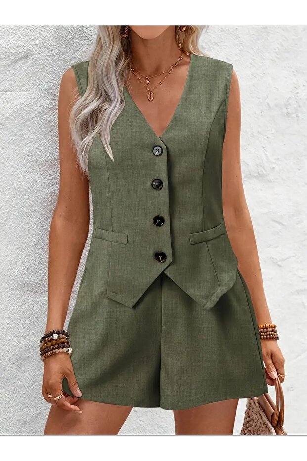 V-Yaka Düğmeli-Şortlu Takım - 2