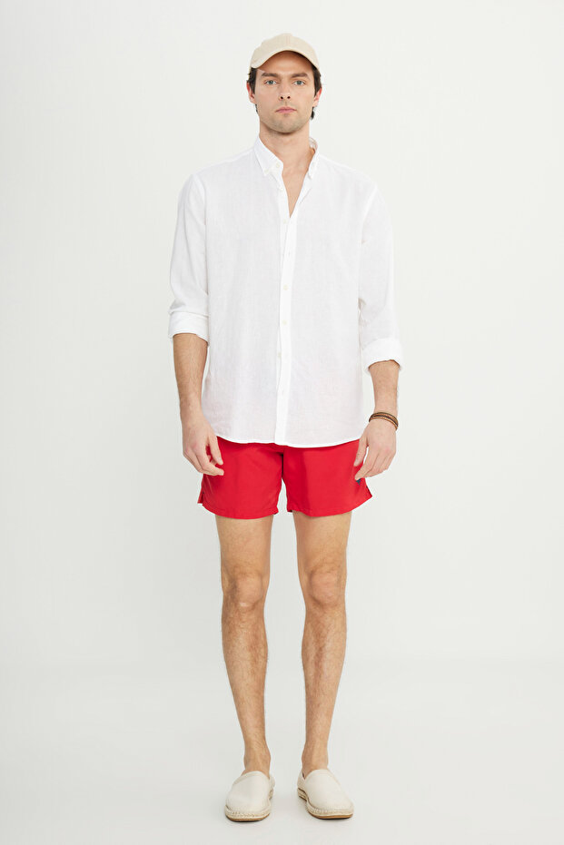 Erkek Kırmızı Hızlı Kuruyan Yan Cepli Desenli Standart Fit Normal Kesim Deniz Şortu Mayo - 8