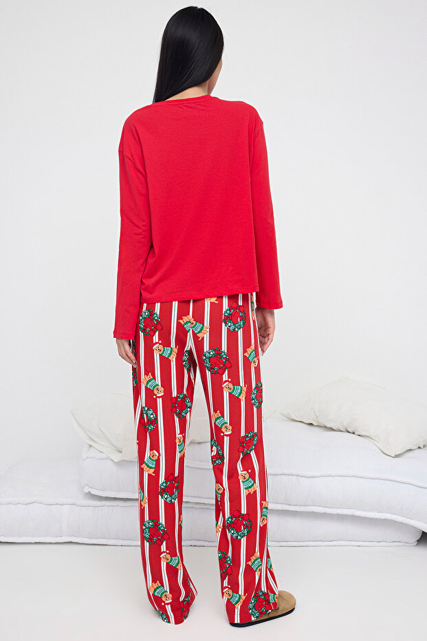 Teen Kırmızı Üst Örme Alt Dokuma Köpek Baskılı ve Yılbaşı Temalı Pijama Takımı THMAW26PT00044 - 4