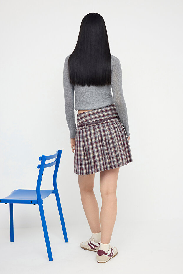 Teen Bordo Kemerli Ekoseli/Kareli Kışlık Mini Etek TWOAW26ET00056 - 5
