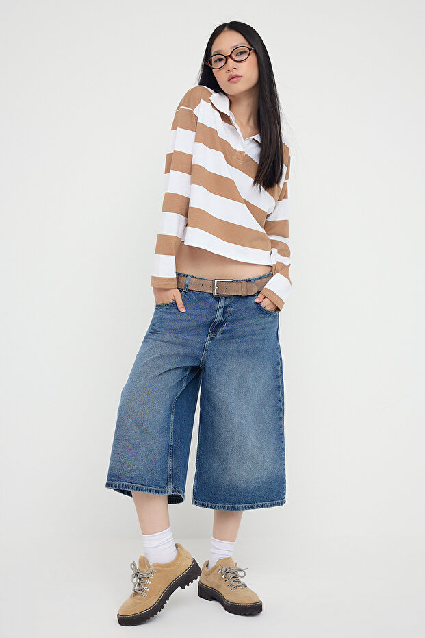 Teen Vizon Çizgili Polo Yaka Relaxed Crop/Rahat Kısa Örme T-shirt TWOAW26TS00011 - 2