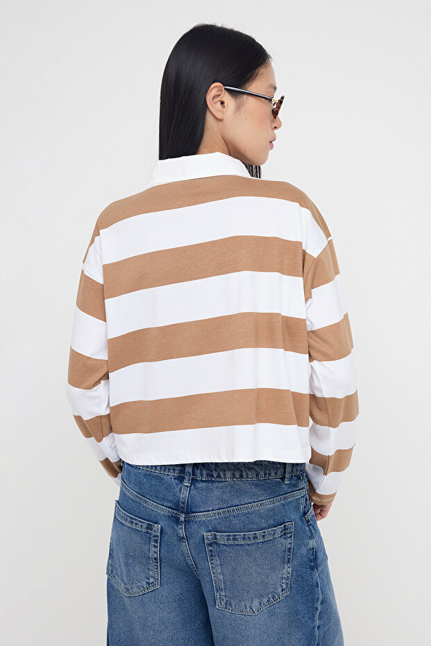 Teen Vizon Çizgili Polo Yaka Relaxed Crop/Rahat Kısa Örme T-shirt TWOAW26TS00011 - 4