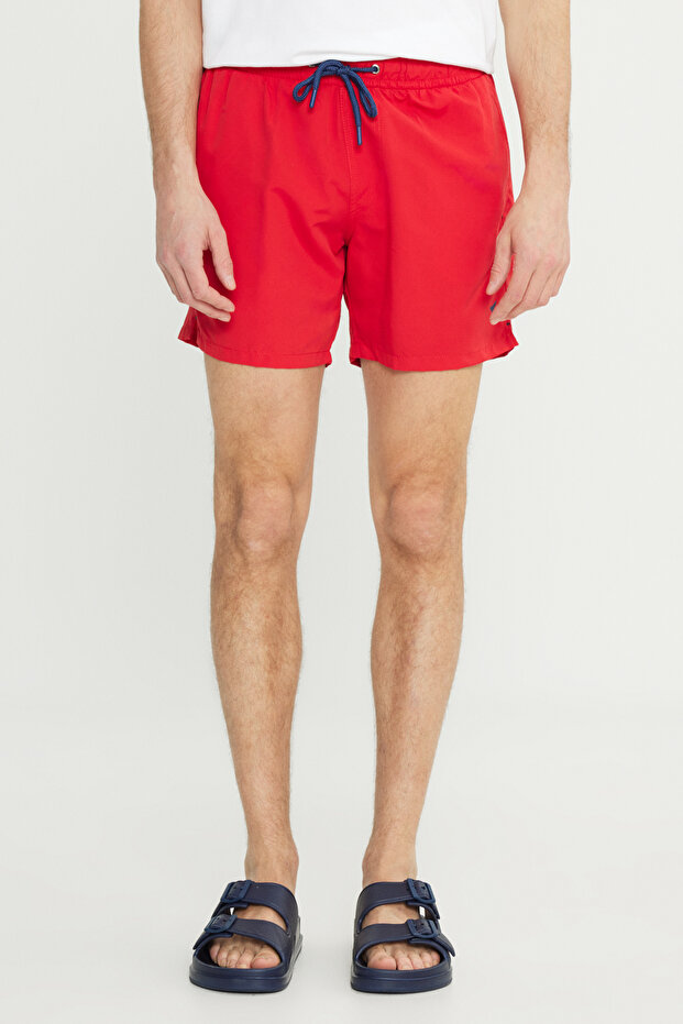 Erkek Kırmızı Hızlı Kuruyan Yan Cepli Desenli Standart Fit Normal Kesim Deniz Şortu Mayo - 2