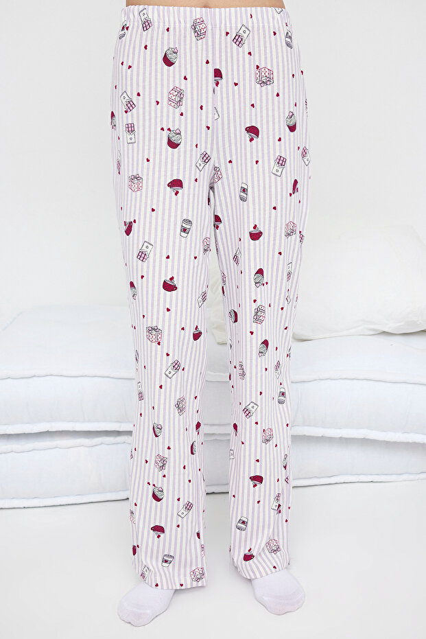 Teen Lila-Çok Renkli %100 Pamuklu Kalpli Eğlence Desenli Biyeli Örme Pijama Takımı THMAW26PT00039 - 3