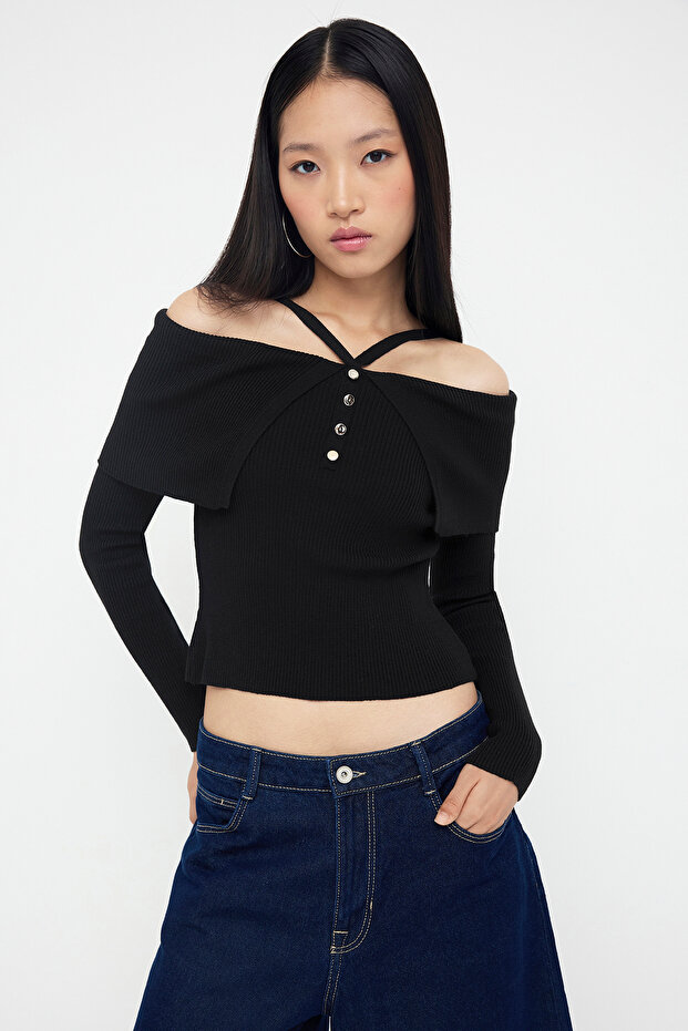 Teen Siyah Premium İplik/Özel İplik Carmen Boyundan Askılı Triko Kazak TWOAW26KZ00076 - 3