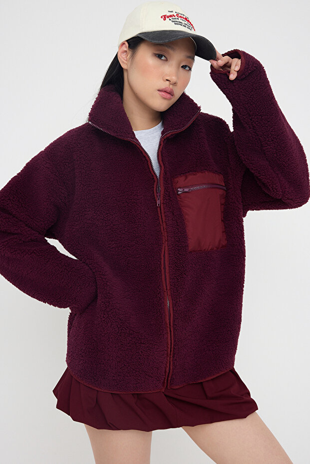 Winter Essentials Mürdüm Polar Fermuarlı Dik Yaka Cep Detaylı Örme Sweatshirt TWOAW24SW00071 - 2