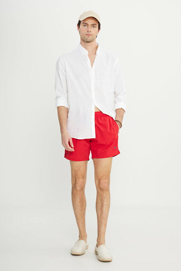 Erkek Kırmızı Hızlı Kuruyan Yan Cepli Desenli Standart Fit Normal Kesim Deniz Şortu Mayo - 1