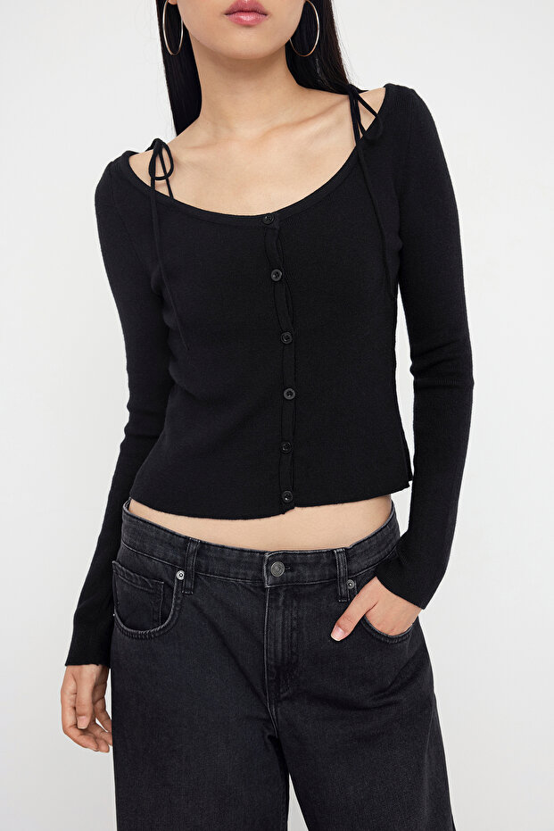 Teen Siyah Premium İplik/Özel İplik Fitted/Vücuda Oturan Crop/Kısa Triko Kazak TWOAW26KZ00017 - 3
