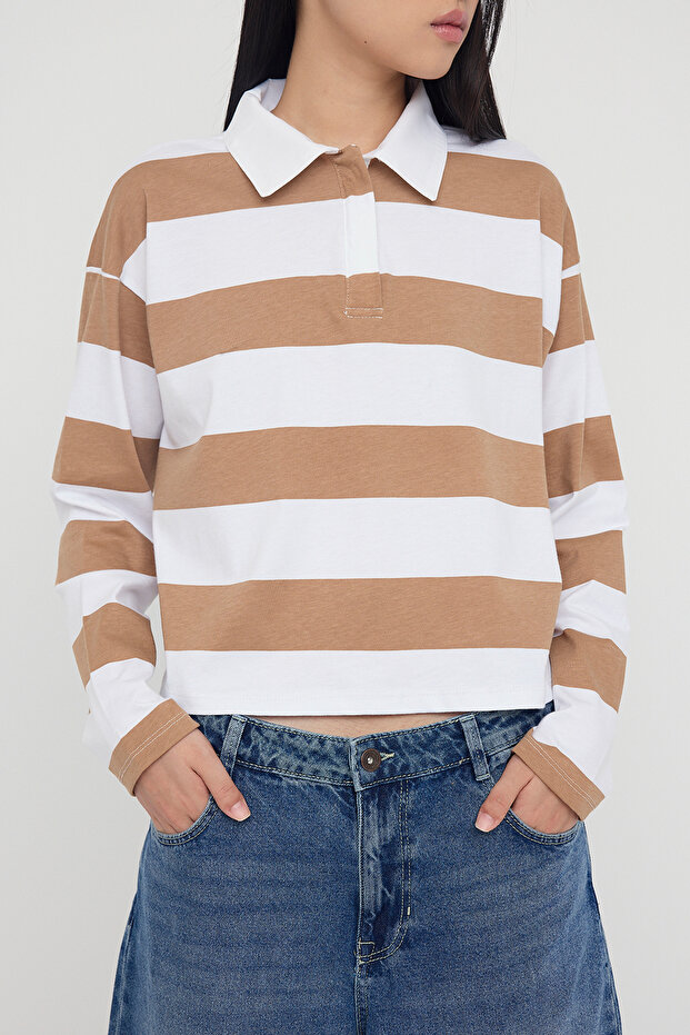 Teen Vizon Çizgili Polo Yaka Relaxed Crop/Rahat Kısa Örme T-shirt TWOAW26TS00011 - 3