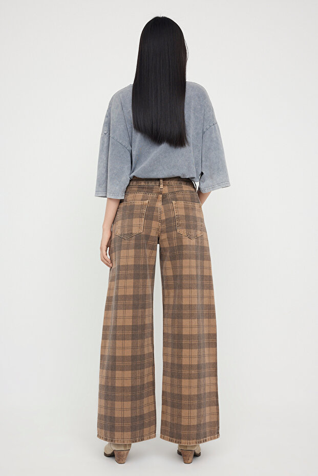 Çok Renkli Normal Bel Ekose Desenli Wide Leg Geniş Paça %100 Pamuk Non-Stretch Jeans TWOAW26JE00024 - 5