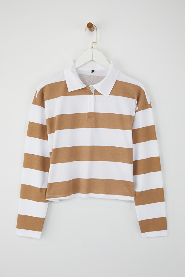 Teen Vizon Çizgili Polo Yaka Relaxed Crop/Rahat Kısa Örme T-shirt TWOAW26TS00011 - 5