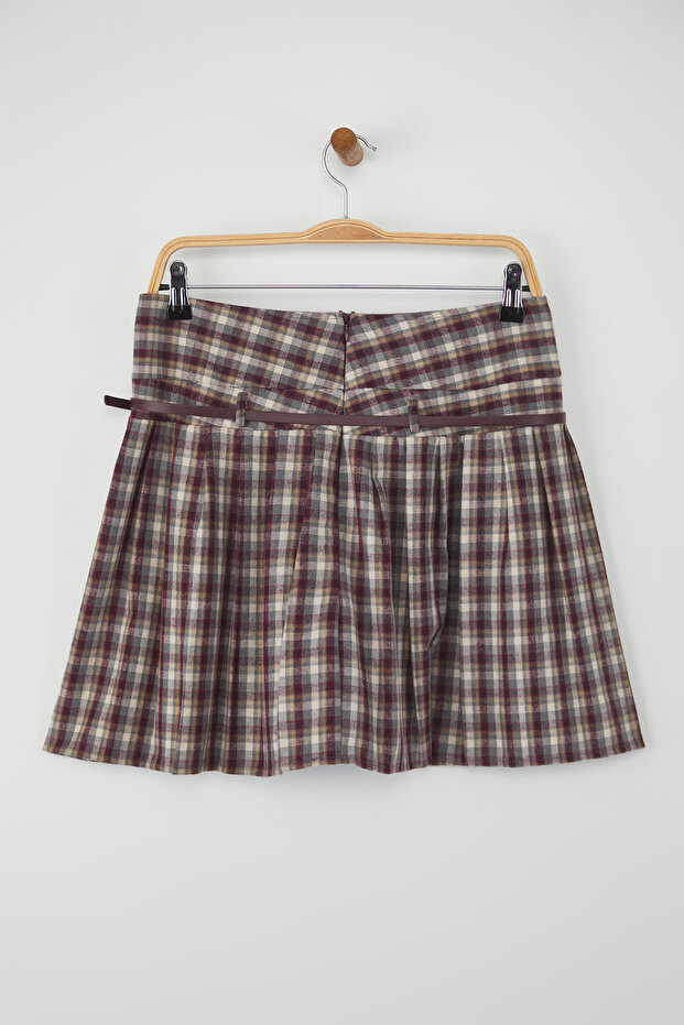 Teen Bordo Kemerli Ekoseli/Kareli Kışlık Mini Etek TWOAW26ET00056 - 7