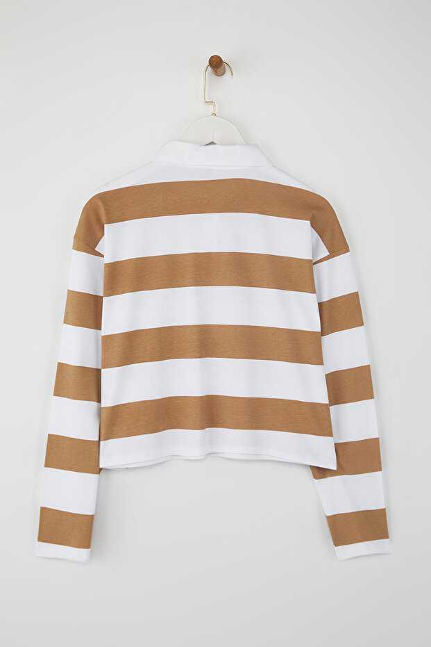 Teen Vizon Çizgili Polo Yaka Relaxed Crop/Rahat Kısa Örme T-shirt TWOAW26TS00011 - 6