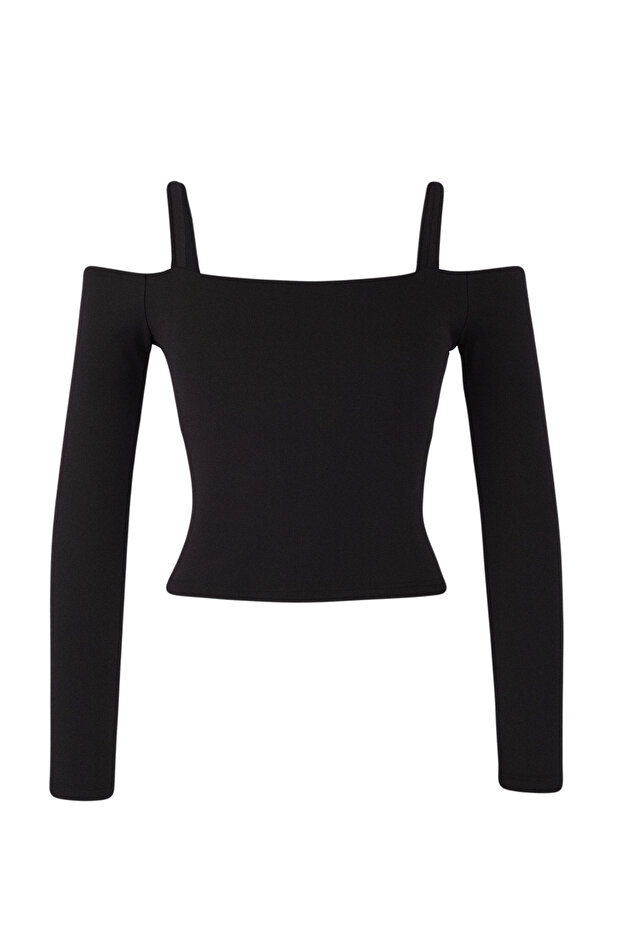 Teen Siyah Soft Fırçalı Kumaş Askı Detaylı İçi Pedli Spor Örme Üst/Bluz THMAW26BZ00003 - 7