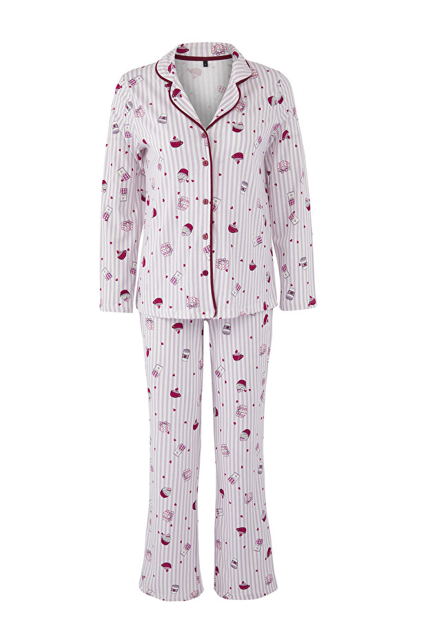 Teen Lila-Çok Renkli %100 Pamuklu Kalpli Eğlence Desenli Biyeli Örme Pijama Takımı THMAW26PT00039 - 5