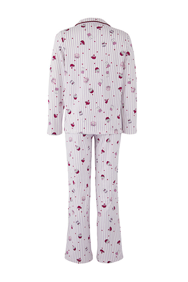 Teen Lila-Çok Renkli %100 Pamuklu Kalpli Eğlence Desenli Biyeli Örme Pijama Takımı THMAW26PT00039 - 6