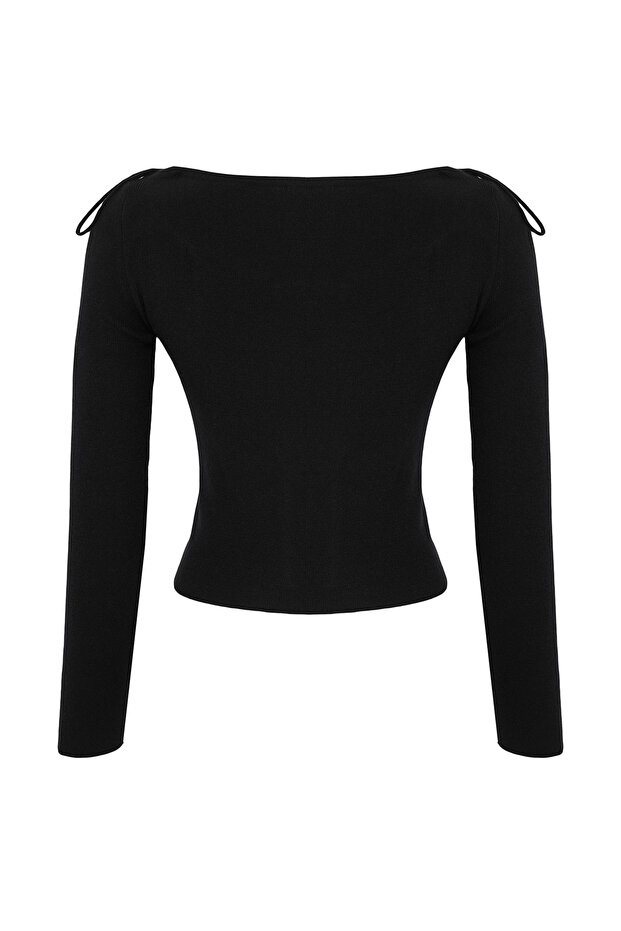 Teen Siyah Premium İplik/Özel İplik Fitted/Vücuda Oturan Crop/Kısa Triko Kazak TWOAW26KZ00017 - 6