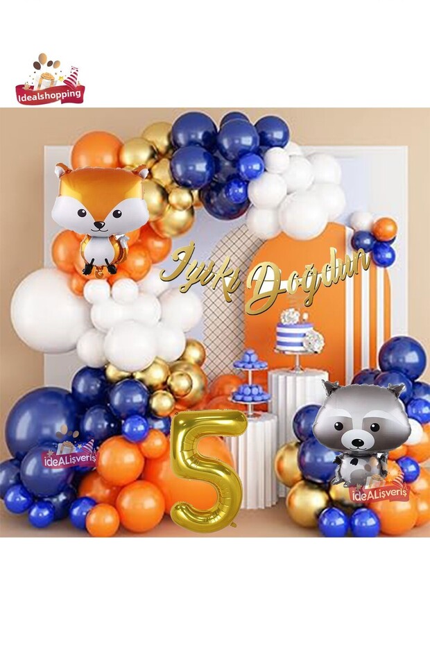 Orange Navy Blue Gold 5 Year Old Raccoon And Fox Foiled Birthday Balloon Chain Set