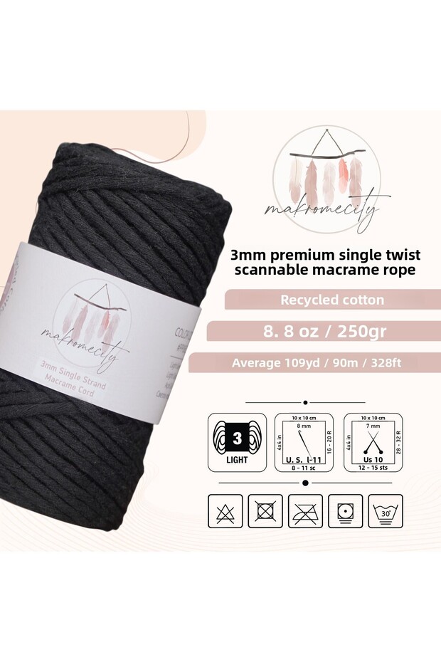Scalloped Macrame Thread 3mm Scalloped Cotton Macrame Thread Macrame Thread Black - 2