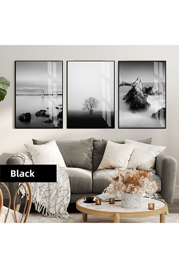 Amazing | Black White Mountain Lake Landscape Combination | Framed Glass Table 3 Pieces Vertical