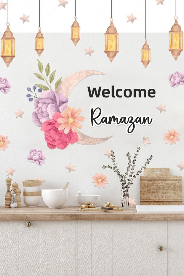 Welcome Ramadan Flowers Soft Colored Lanterns Glass Wall Sticker Set Ramadan Ornament