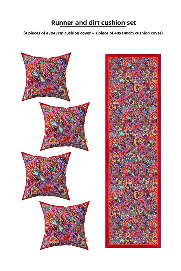 Red Ethnic Motif Vintage Digital Printed 4-Piece Throw Pillow Cover 1 Runner Set 4Kmbs329-Rs