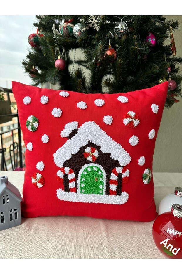 Panch Punch Christmas House Model Handmade Throw Pillow Cover Red Color